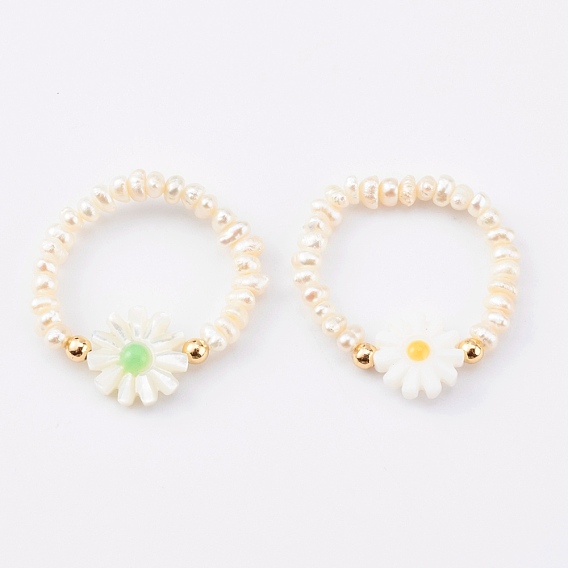2Pcs 2 Colors Natural Pearl Beaded Stretch Rings Sets, with Natural Shell Beads, Flower