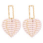 Wooden Woven Dangle Stud Earrings, with Alloy Findings, Resort Style, Heart