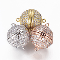 Brass Micro Pave Cubic Zirconia Magnetic Clasps with Loops, Cadmium Free & Lead Free, Round