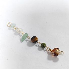 Granito verde natural, aventurina verde, ojo de tigre y colgantes grandes de perlas., dijes de setas con fornituras de acero inoxidable bañadas en oro