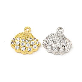 Rack Plating Brass Micro Pave Clear Cubic Zirconia Charms, Long-Lasting Plated, Cadmium Free & Lead Free, Shell Shapes