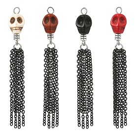 Grandes colgantes de turquesa sintética teñida para Halloween, dijes de calavera con borla de cadena de cable de acero inoxidable negro