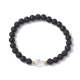 6mm Round Natural Lava Rock Beaded Stretch Bracelets, Glass Bear Bracelets for Women