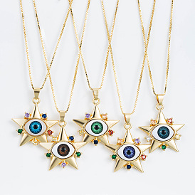 Brass Micro Pave Colorful Cubic Zirconia Pendant Necklaces, Star with Evil Eye