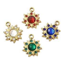 Real 18K Gold Plated 304 Stainless Steel Pendants, with Glass, Sun Charms