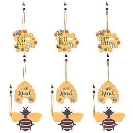 SUPERFINDINGS 9Pcs 3 Style Wood Pendant Decorations, with Hemp Cord, Bee Theme