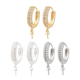 Brass Micro Pave Clear Cubic Zirconia Huggie Hoop Earring Findings, for Half Drilled Beads, Rack Plating, Long-lasting Plated