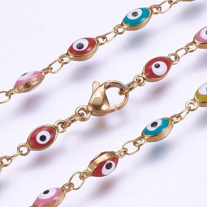 304 Stainless Steel Chain Necklaces, with Enamel and Lobster Claw Clasps, Ion Plating (IP), Oval with Evil Eye