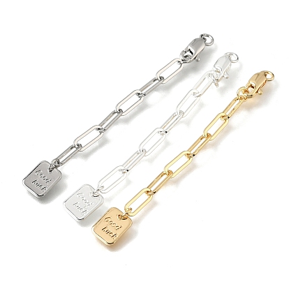 Brass Paperclip Chain Extender, End Chains with Lobster Claw Clasps and Good Luck Rectangle Charms, Rack Plating, Long-Lasting Plated