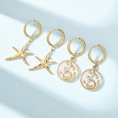 304 Серьги-кольца из нержавеющей стали со стразами для женщин, с эмалированными/искусственными жемчужными бусинами