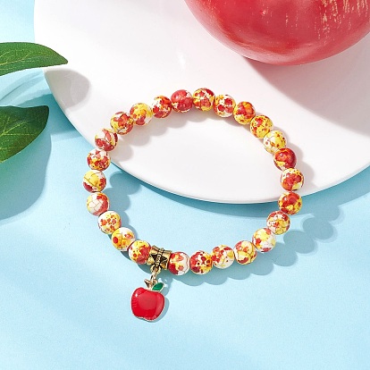 Сплав эмали шарм браслеты, Синтетические бирюзовые круглые бусины эластичные браслеты для женщин, яблоко