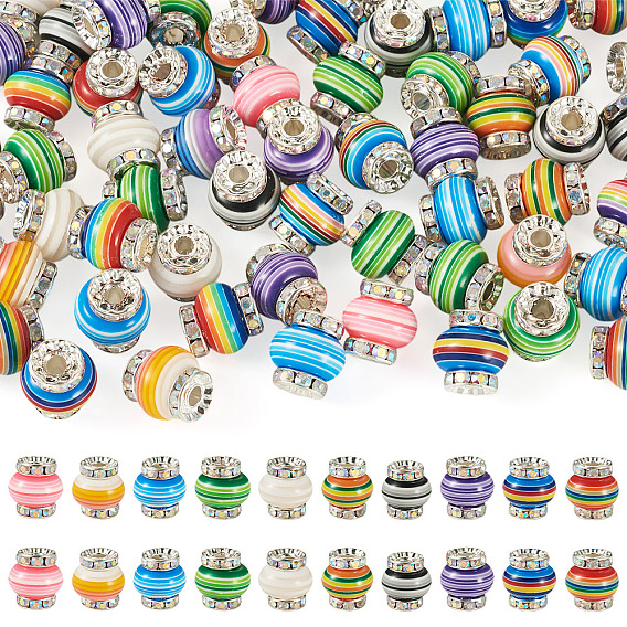 60 шт. латунные бусины из смолы, со стразами, колонка, серебряные