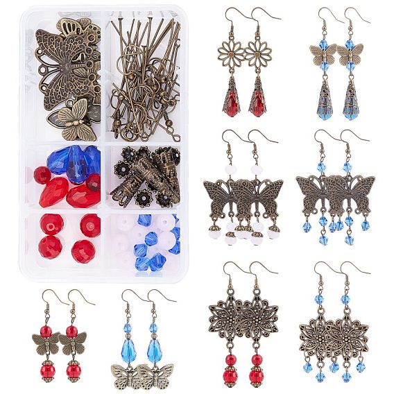 168pcs Butterfly Dangle Earring Making Kits, Including Alloy Pendants & Links & Beads, Glass Beads, Brass Earring Hooks, Alloy Jump Rings, Iron Pins
