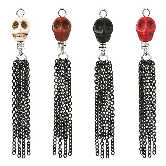 Pendentifs géants en turquoise synthétique teintée pour Halloween, Breloques en forme de crâne avec pompon en chaîne à câble en acier inoxydable noir