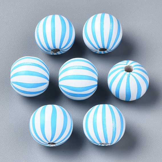 Painted Natural Wood European Beads, Large Hole Beads, Printed, Round with Stripe
