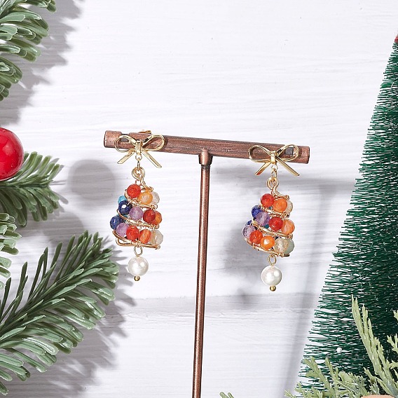 Серьги-подвески из нержавеющей стали с камнями разных цветов, с жемчугом из раковины , рождественская елка