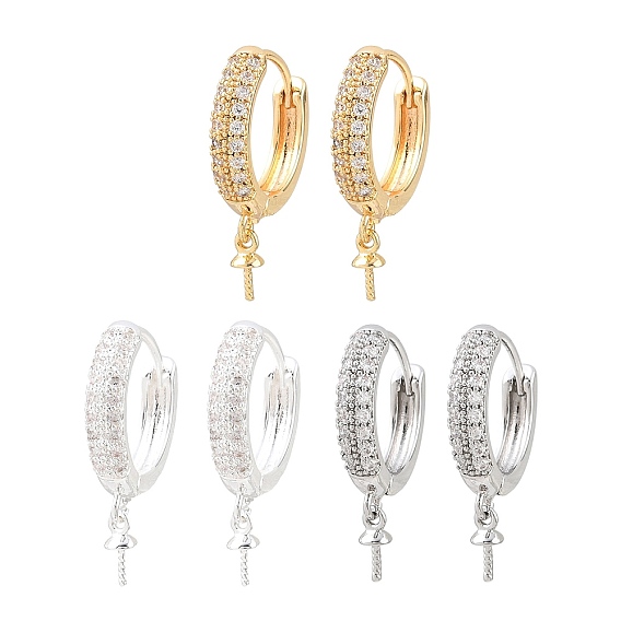 Brass Micro Pave Clear Cubic Zirconia Huggie Hoop Earring Findings, for Half Drilled Beads, Rack Plating, Long-lasting Plated