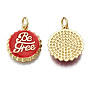 Brass Enamel Pendants, Nickel Free, Real 16K Gold Plated, with Jump Rings, Bottle Cap with Word Be Free