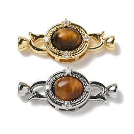 Brass Micro Pave Clear Cubic Zirconi Fold Over Clasps, with Natural Tiger Eye, Oval