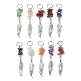 Natural Gemstone Chips & Alloy Feather Pendants, with 304 Stainless Steel Jump Rings