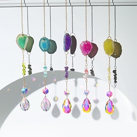 Natural Agate & Gemstone Chip Pendant Decorations, Hanging Suncatchers, with Iron Findings and Glass Teardrop Charm, for Home Garden Decorations