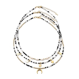 Beaded Necklaces & Pendant Necklace Sets, with Brass Beads, Natural Pearl Beads, Glass Beads, 304 Stainless Steel Charms and Lobster Claw Clasps, Star & Moon, Black