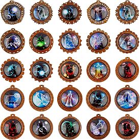 Glass Pendants, with Wooden  Cabochon Settings, Half Round with 12 Constellations Pattern
