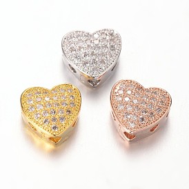 Heart Brass Micro Pave Cubic Zirconia Multi-Strand Links, 9x9.5x4.5mm, Hole: 2mm