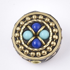 Handmade Indonesia Beads, with Brass Findings, Flat Round, Golden