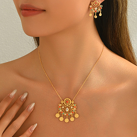 Elegant Middle Eastern Style Brass Micro Pave Cubic Zirconia Earrings & Necklaces Set for Women, Moon & Flower