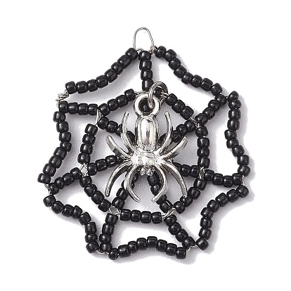 Seed Beads Beaded Charms, Spider Web Pendants, with Alloy Spider