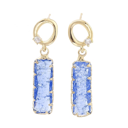 Brass Micro Pave Cubic Zirconia Dangle Stud Earrings, Glass Rectangle Drop Earrings