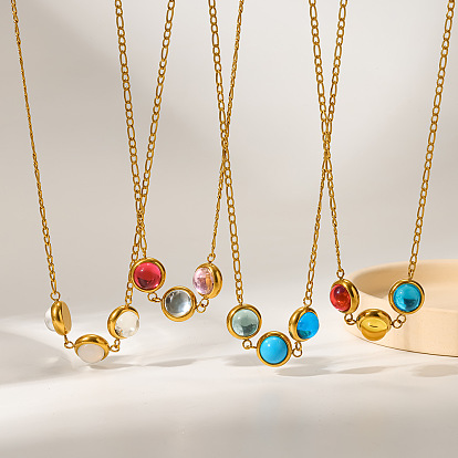 304 Stainless Steel Pave Cubic Zirconia Triple Flat Round Beads Pendant Necklaces, Real 18K Gold Plated