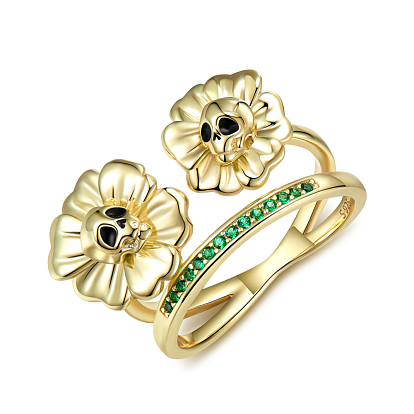 925 Sterling Silver Skull Flower Finger Rings, Emerald Rhinestone Halloween Chunky Ring for Women
