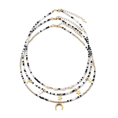 Beaded Necklaces & Pendant Necklace Sets, with Brass Beads, Natural Pearl Beads, Glass Beads, 304 Stainless Steel Charms and Lobster Claw Clasps, Star & Moon, Black