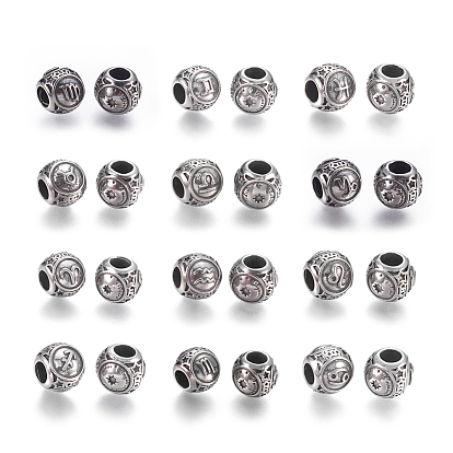 12 Constellations 316 Surgical Stainless Steel European Beads, Large Hole Beads, Rondelle