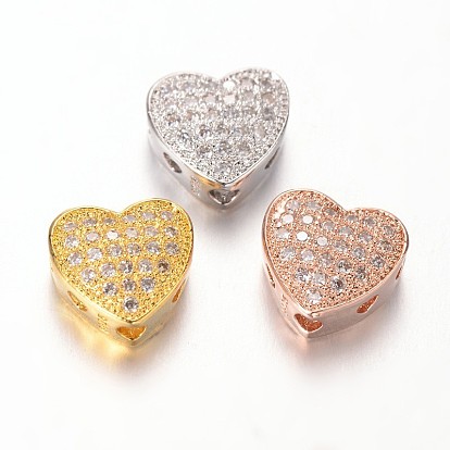 Heart Brass Micro Pave Cubic Zirconia Multi-Strand Links, 9x9.5x4.5mm, Hole: 2mm