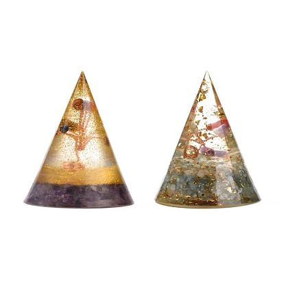 Orgonite Cone, Resin Pointed Home Display Decorations, with Natural Gemstone and Metal Findings