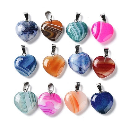 Natural Agate Dyed Pendants, Heart Charms with Platinum Plated Brass Snap on Bails