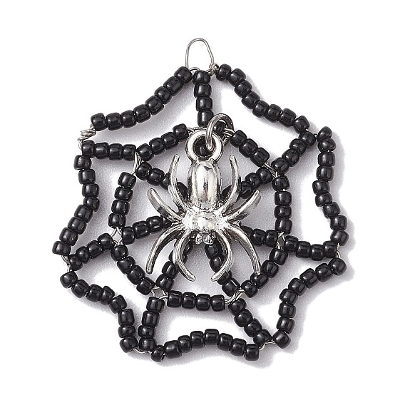 Seed Beads Beaded Charms, Spider Web Pendants, with Alloy Spider