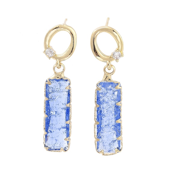 Brass Micro Pave Cubic Zirconia Dangle Stud Earrings, Glass Rectangle Drop Earrings