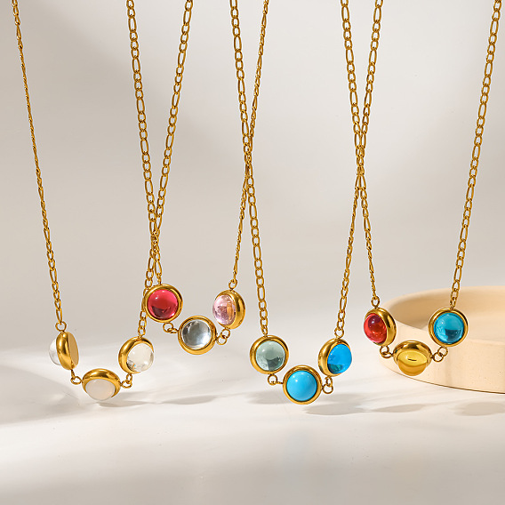 304 Stainless Steel Pave Cubic Zirconia Triple Flat Round Beads Pendant Necklaces, Real 18K Gold Plated