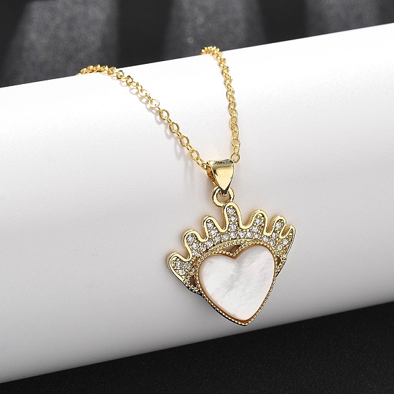 Женские ожерелья с подвеской в виде сердца из латуни с микропаве из прозрачных кубических цирконий и натуральных белых ракушек