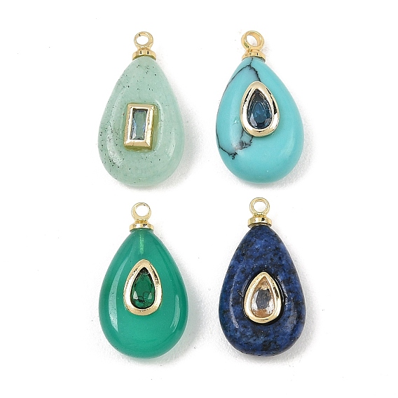 Gemstone Pendants, Teardrop Charms, with Brass Pave Cubic Zirconia Findings, Real 18K Gold Plated, Cadmium Free & Lead Free, Rack Plating, Long-Lasting Plated
