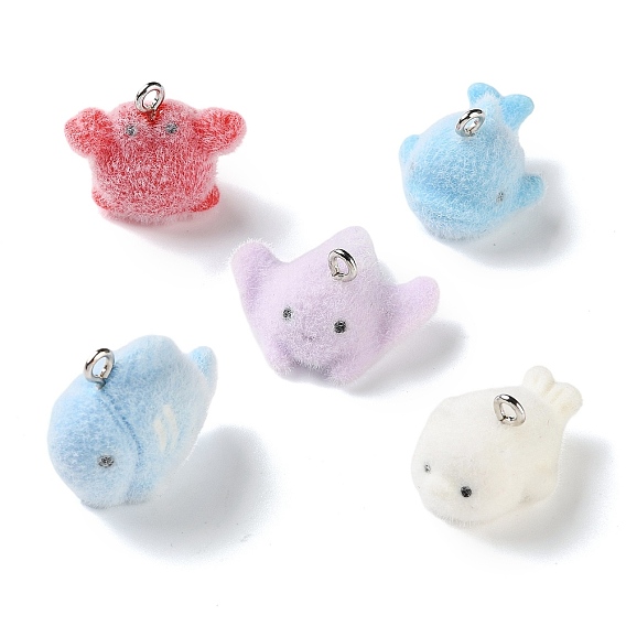 Ocean Theme Flocking Opaque Resin Pendants, with Platinum Iron Loop