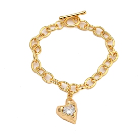 Brass Micro Pave Cubic Zirconia Bracelets, Alloy Enamel Heart Charm Bracelet for Women