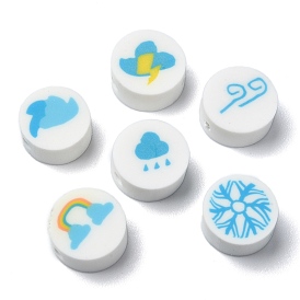 Handmade Polymer Clay Beads, Flat Round with Weather Pattern