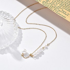 Ion Plating(IP) 304 Stainless Steel & White Plastic Pearl Round Pendant Lariat Necklaces for Women