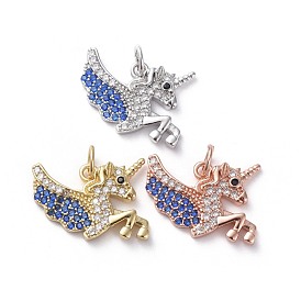 Brass Micro Pave Cubic Zirconia Pendants, Long-Lasting Plated, Real 18K Gold Plated, Unicorn, Blue and Clear