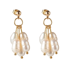 Natural Pearl Stud Earrings, with Brass Earring Findings, Rice, Golden